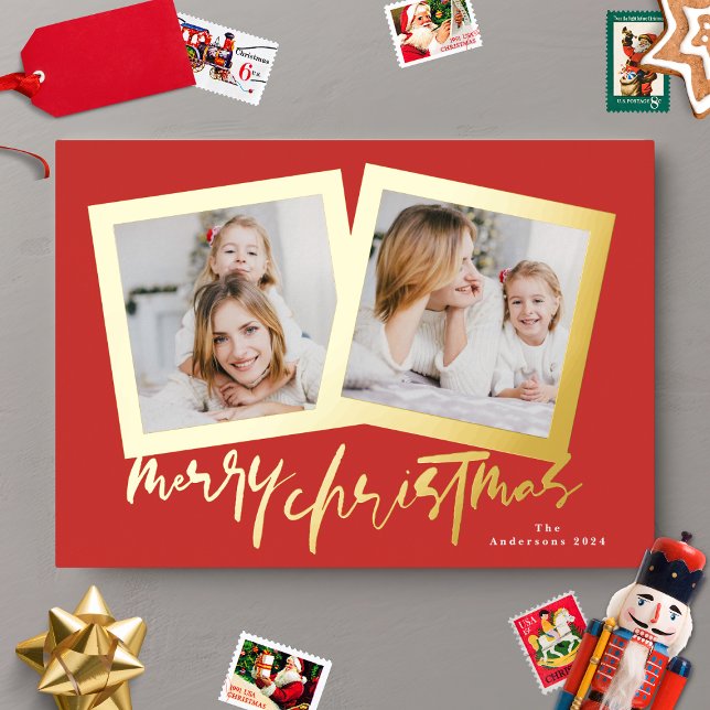 Carte De Vœux En Aluminium or moderne vert joyeux noël multi photo (Créateur téléchargé)