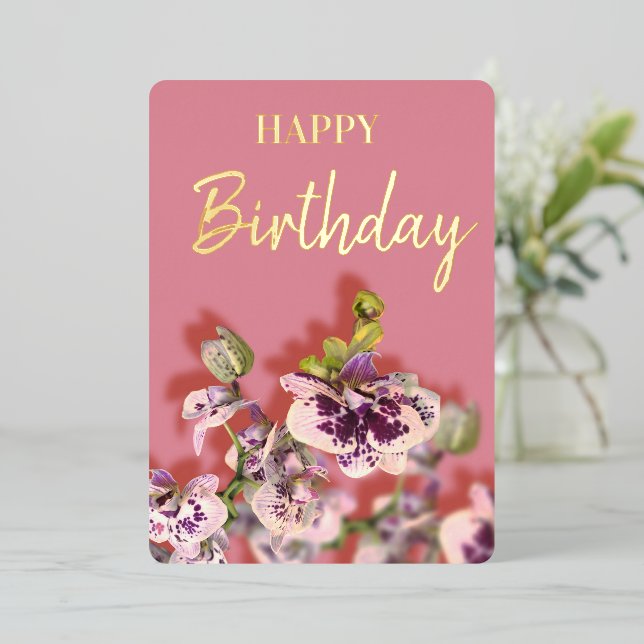Carte De Vœux En Aluminium Orchids Tropical  Floral Happy Birthday Real Gold  (Debout devant)
