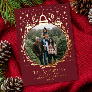 Carte De Vœux En Aluminium Ornement de feuillage de Noël élégant rouge Photo 
