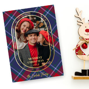 Carte De Vœux En Aluminium Oval bleu rouge Noël Tartan Foto Famille