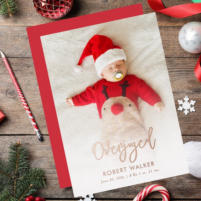 Carte De Vœux En Aluminium Overjoyed Baby Photo Christmas Birth (Overjoyed Baby Photo Christmas Birth Foil Holiday Card)