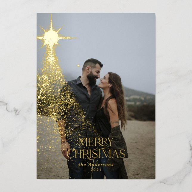 Carte De Vœux En Aluminium Pailletés dorés scintillants bleu moderne Noël Fêt (Recto)