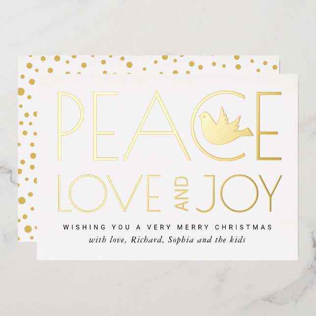 Carte De Vœux En Aluminium Paix, Amour, Joie et colombe or de Noël (Recto/Verso)