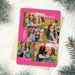 Carte De Vœux En Aluminium Paix moderne Joy Amour Couleur personnalisée Colla<br><div class="desc">Cette carte de Noël cinq collage photo design présente la lecture de typographie moderne, PEACE, JOY, et LOVE en véritable feuille d'or sur un arrière - plan rose vif (la couleur peut être customisée à n'importe quelle couleur que vous voulez). Le dos de la carte contient un faux feutre assorti...</div>