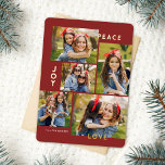 Carte De Vœux En Aluminium Paix moderne Joy Amour Couleur personnalisée Colla<br><div class="desc">Cette carte de Noël cinq collage photo design présente la lecture de typographie moderne, PEACE, JOY, et LOVE en véritable feuille d'or sur un arrière - plan rouge bordeaux (la couleur peut être customisée à n'importe quelle couleur que vous voulez). Le dos de la carte contient un faux feutre assorti...</div>