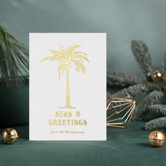 Carte De Vœux En Aluminium Palmiers tropicaux Mer et voeux Noël (Tropical Palm Tree Seas and Greetings Christmas Foil Holiday Card)