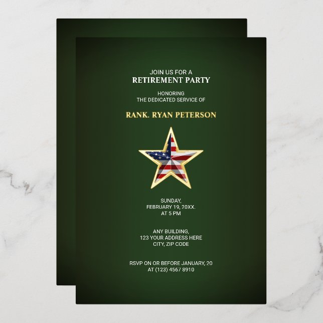 Carte De Vœux En Aluminium Parti de retraite militaire - USA Star Green Invit (Recto/Verso)