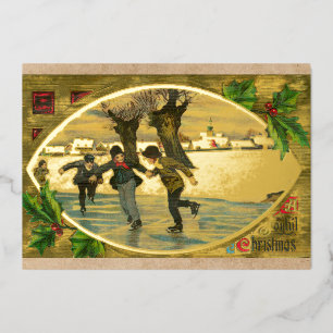 Carte De Vœux En Aluminium Patinage sur glace vintage 1909 garçons or