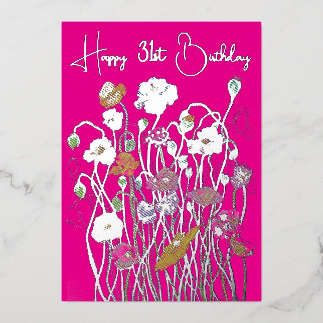 Carte De Vœux En Aluminium Pavot rose et argenté Aquarelle sauvage vieilli An (Recto)