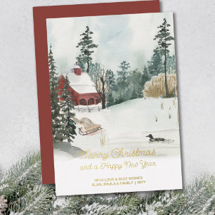 Carte De Vœux En Aluminium Paysage hivernal à l'aquarelle de Noël blanc or