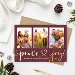 Carte De Vœux En Aluminium Peace and Joy Modern Gold Heart Script 3 Photo<br><div class="desc">Simple et chic "Peace and Joy" carte photo de vacances comprend un collage de 3 photos de portrait sur une disposition horizontale de carte avec des étoiles scintillantes blanches et texte de script de calligraphie à lettrage manuel mignon et moderne avec accent du coeur dans une véritable feuille d'or. Personnalisez...</div>