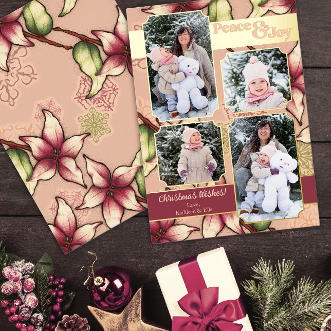 Carte De Vœux En Aluminium Peace & Joie, Rose, Bourgogne, Poinsettia Or Photo (Peace & Joy, Pink, Burgundy, Gold Poinsettia Photo Foil Holiday Card)