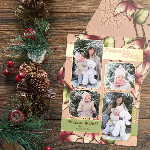 Carte De Vœux En Aluminium Peace & Joie, Rose, Vert, Poinsettia Or Photo