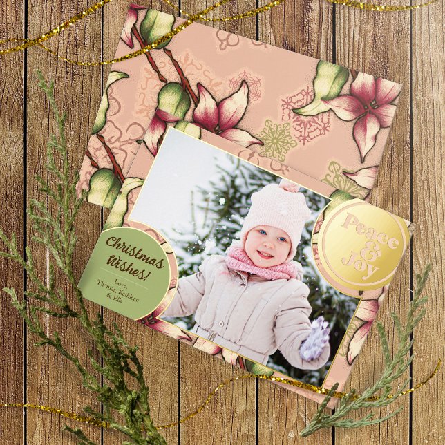 Carte De Vœux En Aluminium Peace & Joie, Rose, Vert, Poinsettia Or Photo (Peace & Joy, Pink, Gold, and Green Poinsettia Photo Foil Holiday Card)