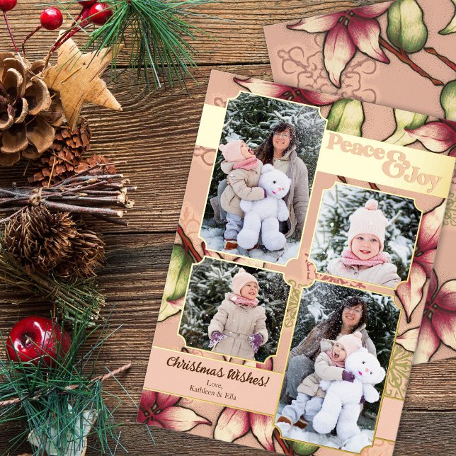 Carte De Vœux En Aluminium Peace & Joy, rose et or Poinsettia Photo (Peace & Joy, Pink and Gold Poinsettia Photo Foil Holiday Card)