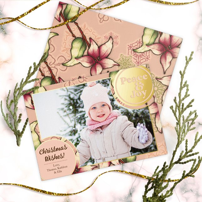 Carte De Vœux En Aluminium Peace & Joy, Rose, Gold Poinsettia Photo (Peace & Joy, Pink, Gold Poinsettia Photo Foil Holiday Card)