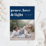 Carte De Vœux En Aluminium Peace Love and Light Navy Blue Hanoukka Photo<br><div class="desc">Paix, amour et lumière. | Envoyez vos salutations Hanoukka à votre famille et à vos amis avec cette carte Hanoukka personnalisable. Il présente une typographie rétro et audacieuse. Personnalisez cette carte Hanoukka photo en ajoutant vos détails. Cette carte Hanoukka en feuille d'argent est disponible en d'autres couleurs et en carton....</div>