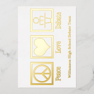 Carte De Vœux En Aluminium Peace Love Debate Team Custom School Gold