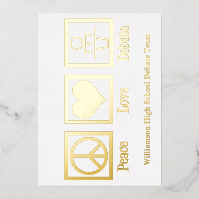 Carte De Vœux En Aluminium Peace Love Debate Team Custom School Gold (Recto)
