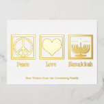 Carte De Vœux En Aluminium Peace Love Hanoukka Custom Elegant Gold<br><div class="desc">Une élégante carte Hanoukka Peace Love pour une personne juive qui aime célébrer Chanukah. Un joli signe de paix,  un coeur,  et une belle menorah au-dessus de votre texte personnalisé.</div>