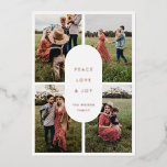 Carte De Vœux En Aluminium Peace Love Joy 4 Photo Moderne minimaliste Noël<br><div class="desc">Peace Love Joy : une carte moderne de Noël au design contemporain et un collage photo de 4 personnes.</div>