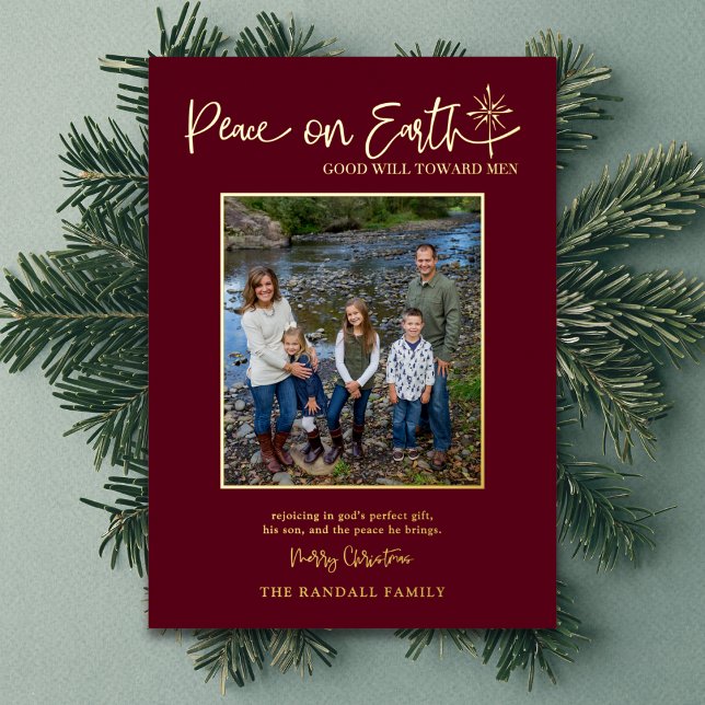 Carte De Vœux En Aluminium Peace on Earth Burgundy Photo Christmas Elegant (Scripture-inspired blessing celebrating God’s perfect gift and peace. Add your family name and photo)
