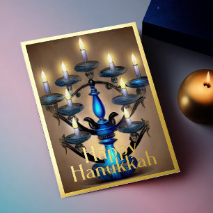 Carte De Vœux En Aluminium Peinture de Menorah Happy Hanoukka Gold Blue