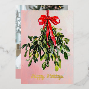 Carte De Vœux En Aluminium Peinture de Noël rose Mistletoe Photo personnalisé