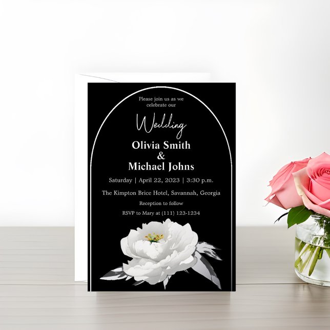 Carte De Vœux En Aluminium Peony noir et blanc Faire-part de mariage d'argent (Créateur téléchargé)