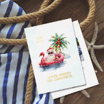 Carte De Vœux En Aluminium Père Noël sur le Flamant rose Pool Floatie Noël<br><div class="desc">Le Père Noël en lunettes de soleil et son casquette rouge habituel, assis sur une piscine de flamants, flottent dans l'océan tropical avec une île derrière lui, envoyant des voeux de Noël chaleureux. Un palmier de l'île possède des noix de coco rougeâtres brun. Véritable feuille de texte à l'avant, et...</div>