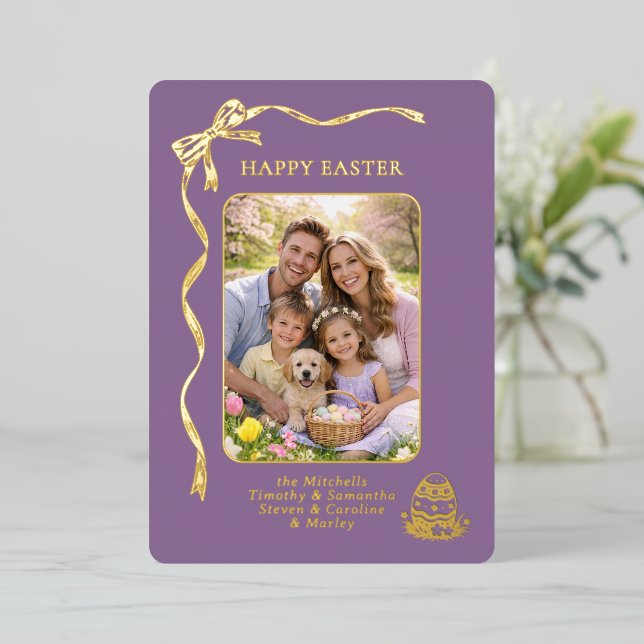 Carte De Vœux En Aluminium Personalized Easter Family Photo Gold Ribbon Bow (Debout devant)