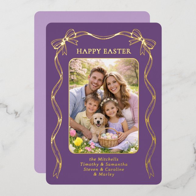 Carte De Vœux En Aluminium Personalized Easter Family Photo Gold Ribbon Bow (Recto/Verso)