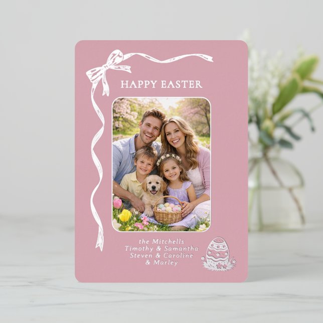 Carte De Vœux En Aluminium Personalized Easter Family Photo Silver Ribbon Bow (Debout devant)