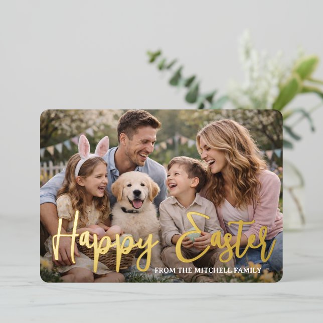 Carte De Vœux En Aluminium Personalized Happy Easter Family Photo Gold (Debout devant)