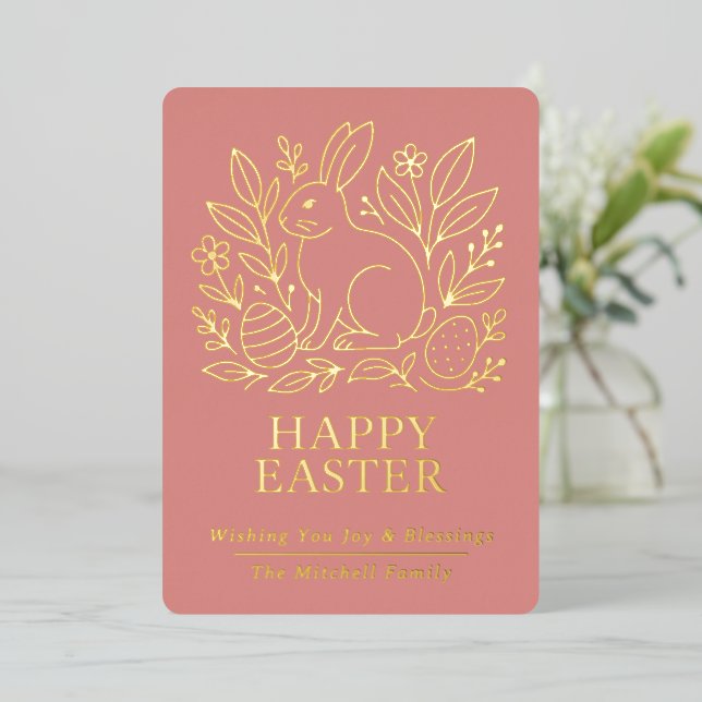 Carte De Vœux En Aluminium Personalized Spring Easter Bunny Gold Floral (Debout devant)