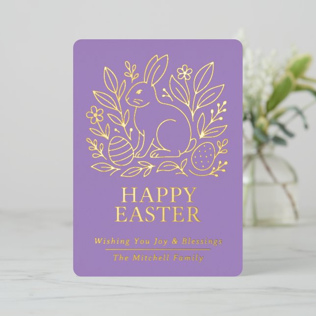 Carte De Vœux En Aluminium Personalized Spring Easter Bunny Gold Floral (Debout devant)