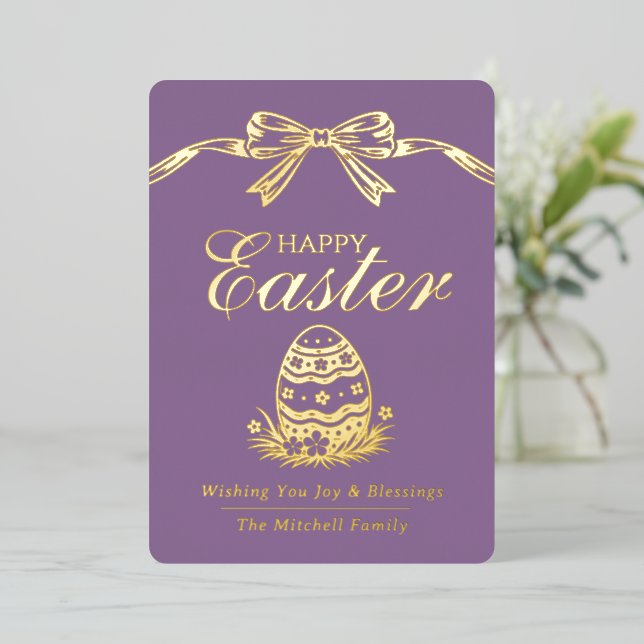 Carte De Vœux En Aluminium Personalized Spring Easter Egg Gold Bow (Debout devant)