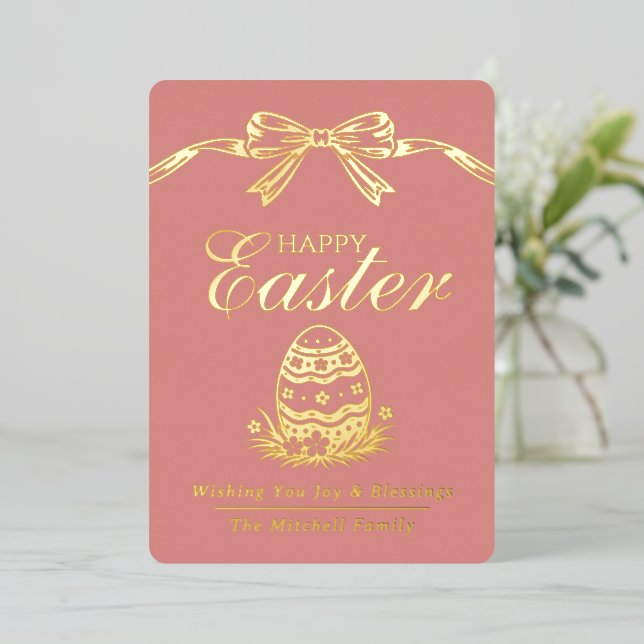 Carte De Vœux En Aluminium Personalized Spring Easter Egg Gold Bow (Debout devant)