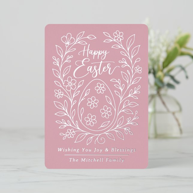 Carte De Vœux En Aluminium Personalized Spring Easter Egg Silver Floral Foil (Debout devant)