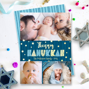 Carte De Vœux En Aluminium Photo Bleu 3 Joyeux Hanukkah Amusant Type Or Réel