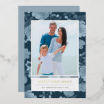 Carte De Vœux En Aluminium Photo Blue Floral et Gold Hanoukka<br><div class="desc">Design floral bleu foncé par Shelby Allison. Personnalisez ce carte photo Hanoukka avec votre photo et l'impression de papier doré.</div>