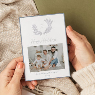 Carte De Vœux En Aluminium Photo classique Silver bleu et blanc Monogram Cres