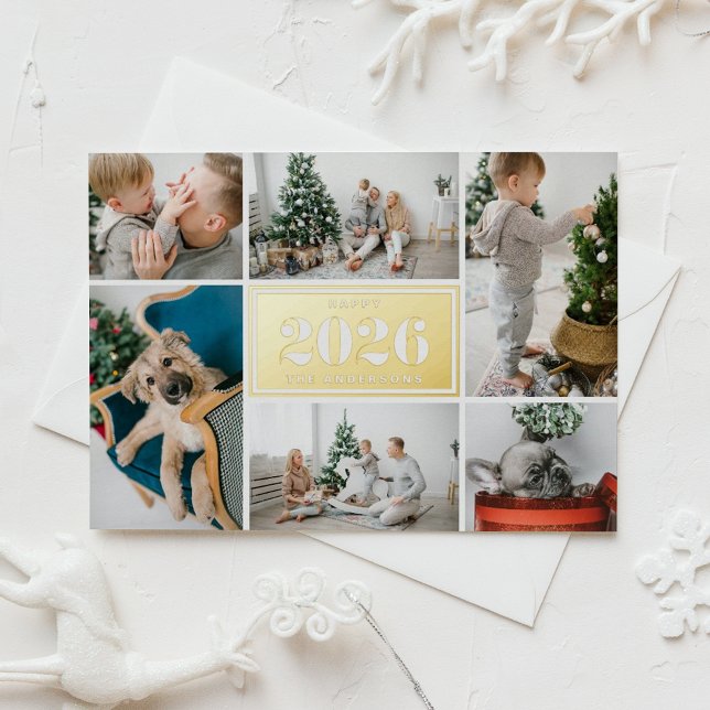 Carte De Vœux En Aluminium Photo Collage de la nouvelle année 2025 (Send 2026 new year cheer with this customizable gold foil photo collage Happy New Year Card. )