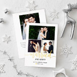Carte De Vœux En Aluminium Photo Collage Gold de Mariage marié et joyeux<br><div class="desc">Carte de collage photo moderne "Marié et Joyeux" pour les jeunes mariés présente 3 photos préférées du jour de mariage sur le devant avec feuille d'or et texte personnalisé noir qui peut être personnalisé avec les noms et la date mariage. Un petit coeur de feuille d'or accentue le design. Le...</div>