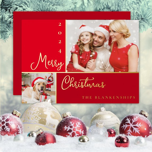Carte De Vœux En Aluminium Photo Collage moderne Script Noël Foil Holiday (Créateur téléchargé)