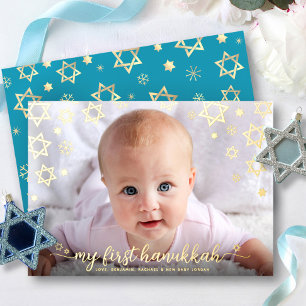 Carte De Vœux En Aluminium Photo de bébé 1er Hanukkah Étoile de David Or Réel