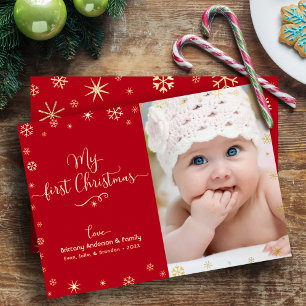 Carte De Vœux En Aluminium Photo de bébé Mon premier Noël Flocons de neige Or