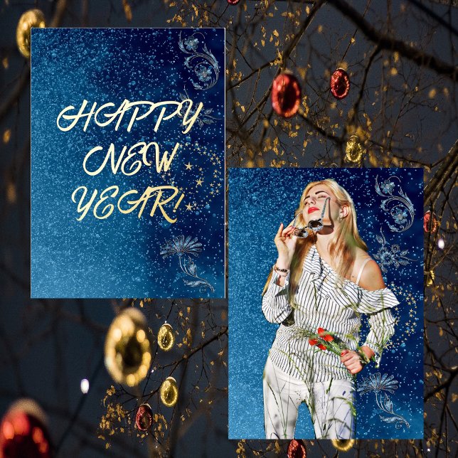 Carte De Vœux En Aluminium Photo de Bonne Année Petite Amie Bleu Étincelant (Blue Sparkling Happy New Year Girlfriend Photo Foil Holiday Card)