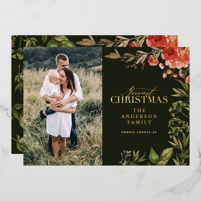 Carte De Vœux En Aluminium Photo de cerf feuillage rustique de Noël rouge et  (Recto/Verso)