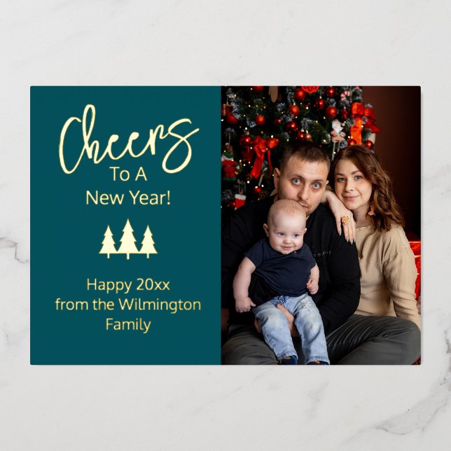 Carte De Vœux En Aluminium Photo de famille Blue Cheers to a New Year (Recto)